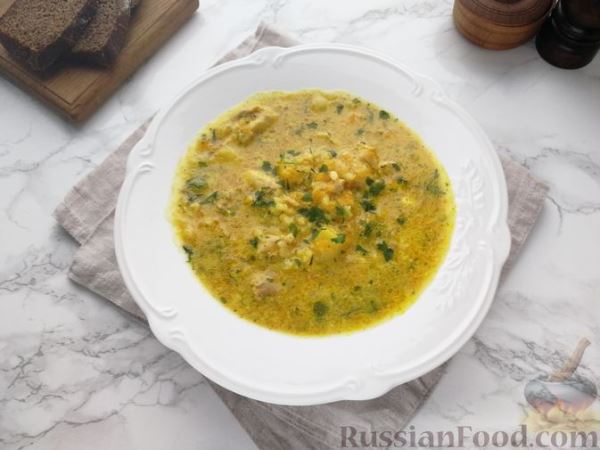 Куриный суп с тыквой, плавленым сыром и рисом