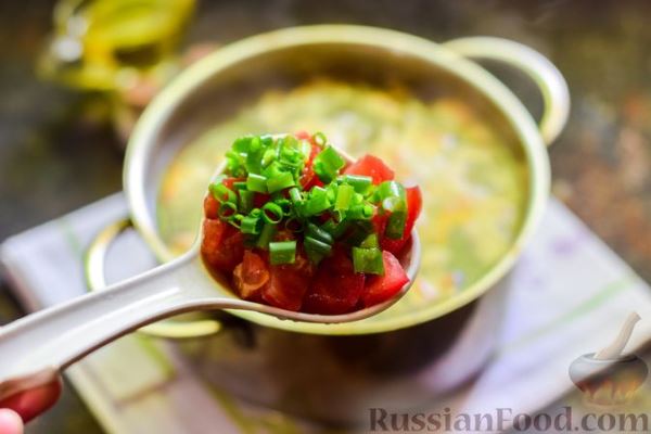 Суп с курицей, грибами и помидорами